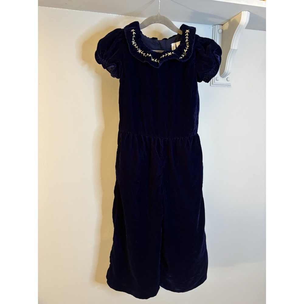 JANIE and JACK Navy‎ Blue Velvet Jumpsuit 6 Puff Sleeve Holiday Hanukkah